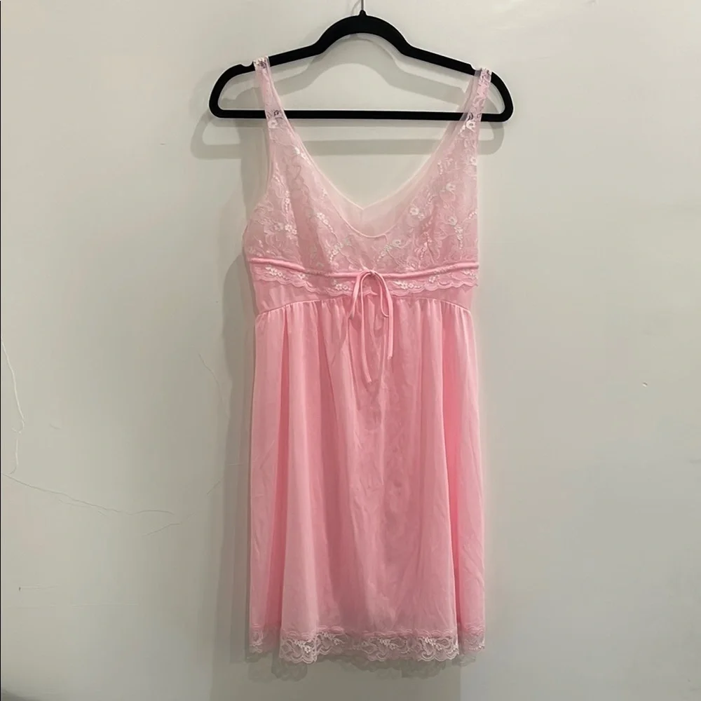 Vintage Montgomery Ward Pink Lace Slip Nightgown Dress Size Large Made In USA
